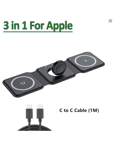 Chargeur Induction sans Fil - 3 en 1 Pliable Station de Charge Magsafe pour iPhone, Apple Watch et AirPods Cable USB-C